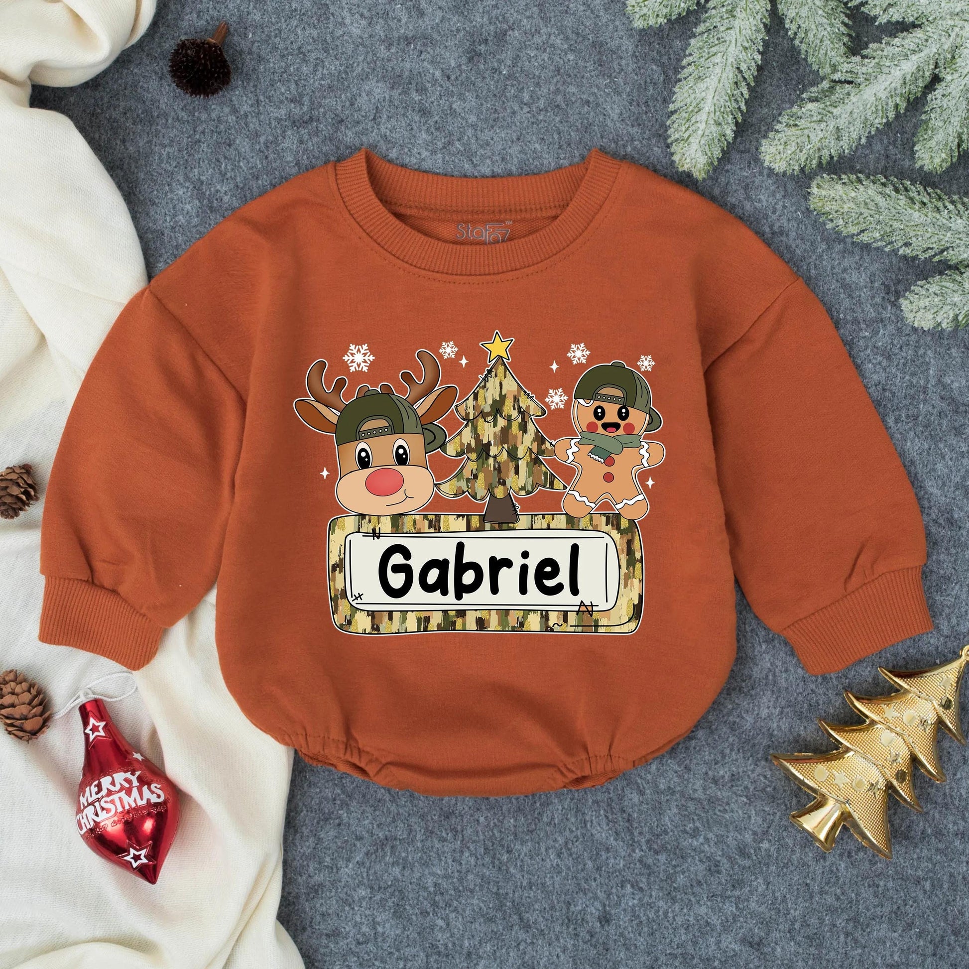 Custom Camo Christmas Boy Romper | Personalized Winter Baby Clothes, Holiday Toddler Outfit, Festive Xmas Bodysuit Gift