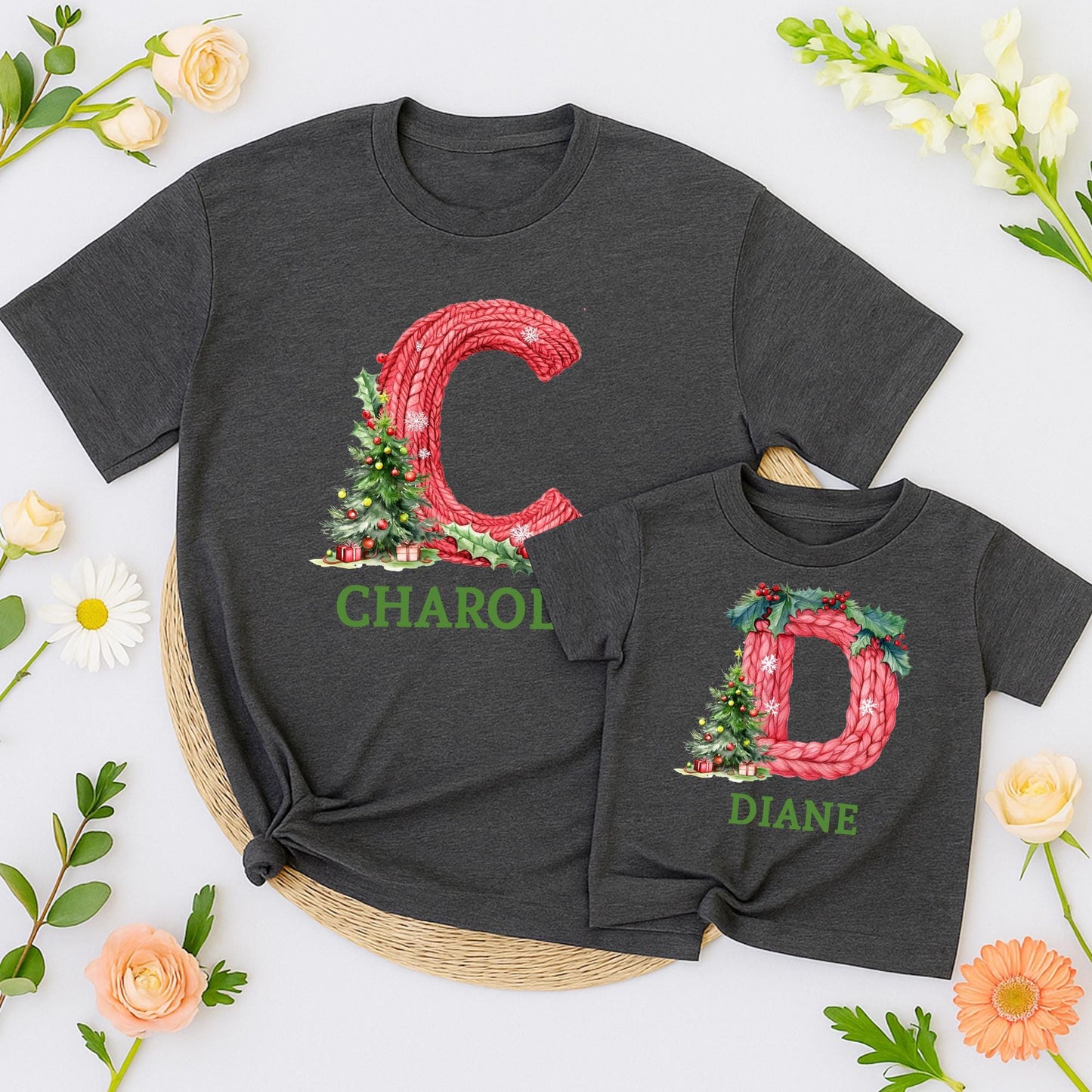 Personalized Family Christmas Shirt Initial & Name Festive Holiday Tee Knitted Red Letter Snowflakes Holly Berries Tree Gift Boxes Green Text