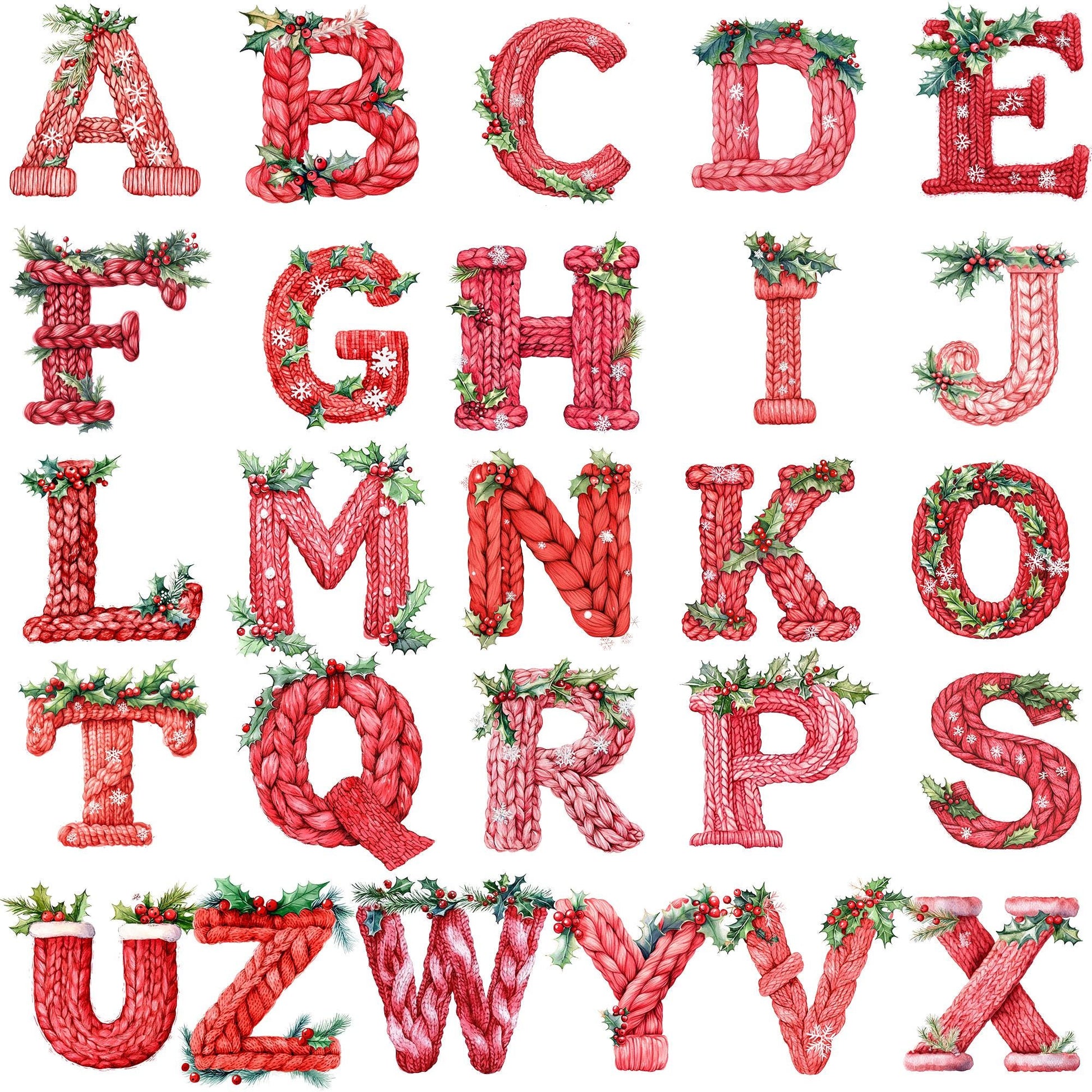 Personalized Family Christmas Shirt Initial & Name Festive Holiday Tee Knitted Red Letter Snowflakes Holly Berries Tree Gift Boxes Green Text