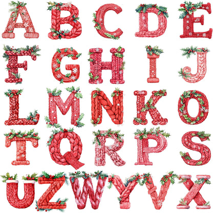 Personalized Family Christmas Shirt Initial & Name Festive Holiday Tee Knitted Red Letter Snowflakes Holly Berries Tree Gift Boxes Green Text