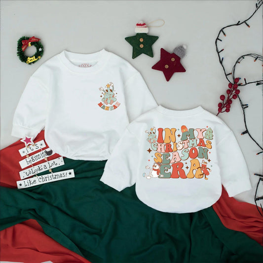 Retro Personalized Christmas Era Baby Romper, Groovy Holiday Outfit, Vintage Christmas Tree Bodysuit, Peach & Green Baby Gift, Custom Name 1st Xmas (140 chars)