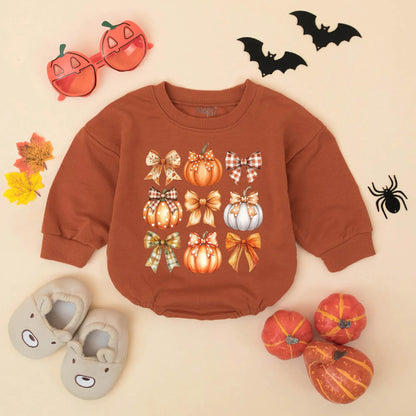 Cute Fall Pumpkin Bow Bubble Romper for Baby Girl, Autumn Outfit, Thanksgiving Clothes, Pumpkin Patch Toddler Sweatshirt, Fall Baby Gift, Newborn
