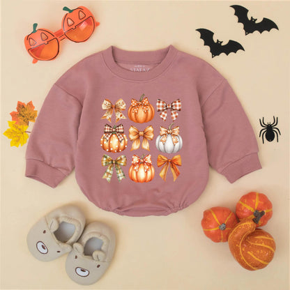 Cute Fall Pumpkin Bow Bubble Romper for Baby Girl, Autumn Outfit, Thanksgiving Clothes, Pumpkin Patch Toddler Sweatshirt, Fall Baby Gift, Newborn