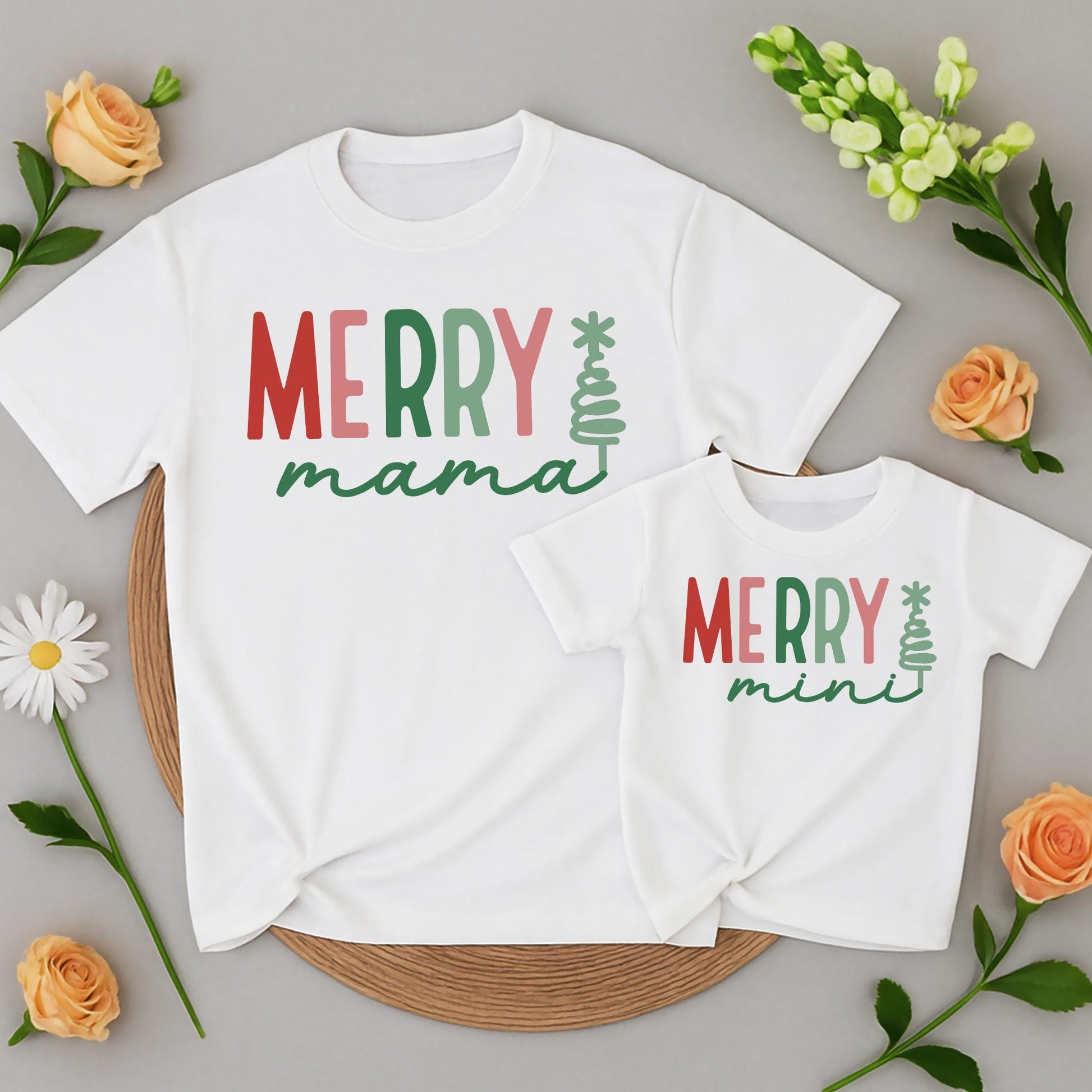 Merry Mama and Mini Matching Christmas T Shirts Festive Red Green Block Letters Cursive Mama Mini with Christmas Tree Graphic Family Holiday Outfits Mom Daughter Kid Baby Girl Gift
