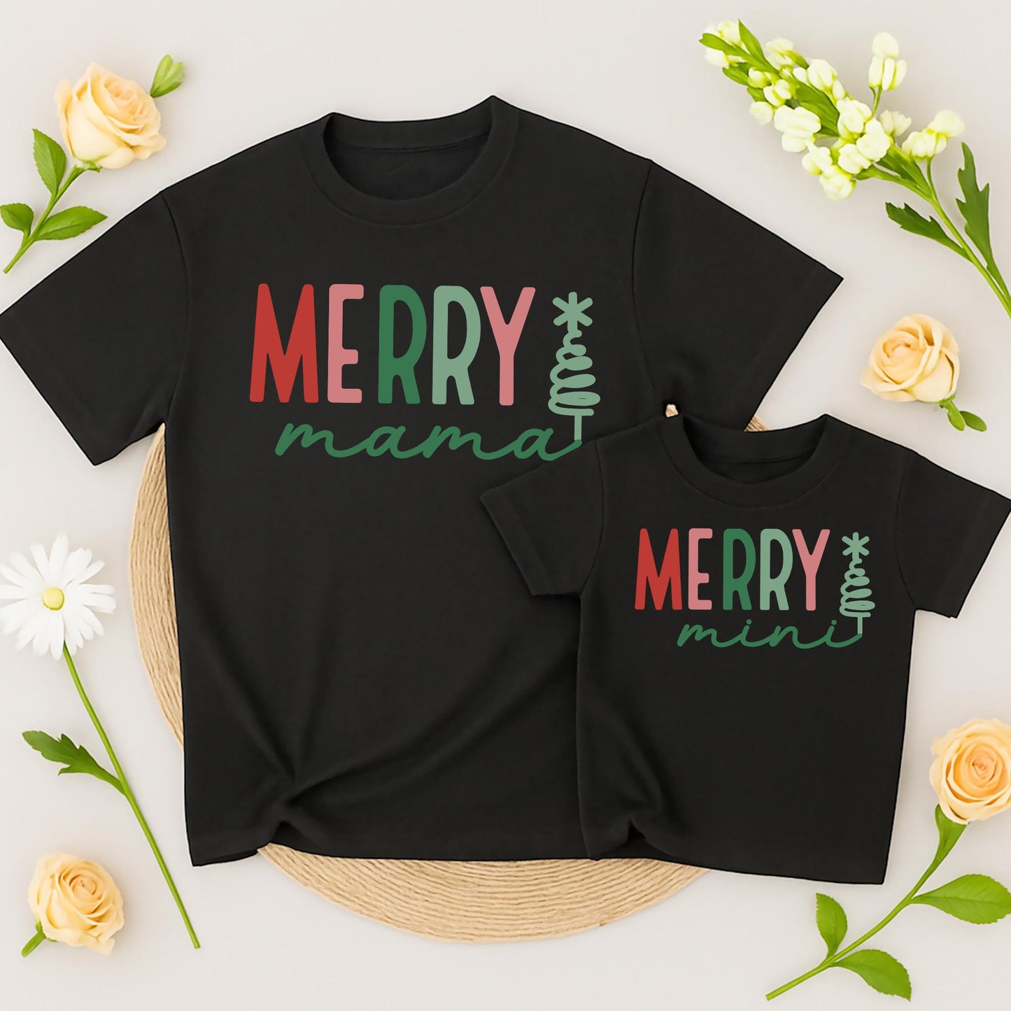 Merry Mama and Mini Matching Christmas T Shirts Festive Red Green Block Letters Cursive Mama Mini with Christmas Tree Graphic Family Holiday Outfits Mom Daughter Kid Baby Girl Gift