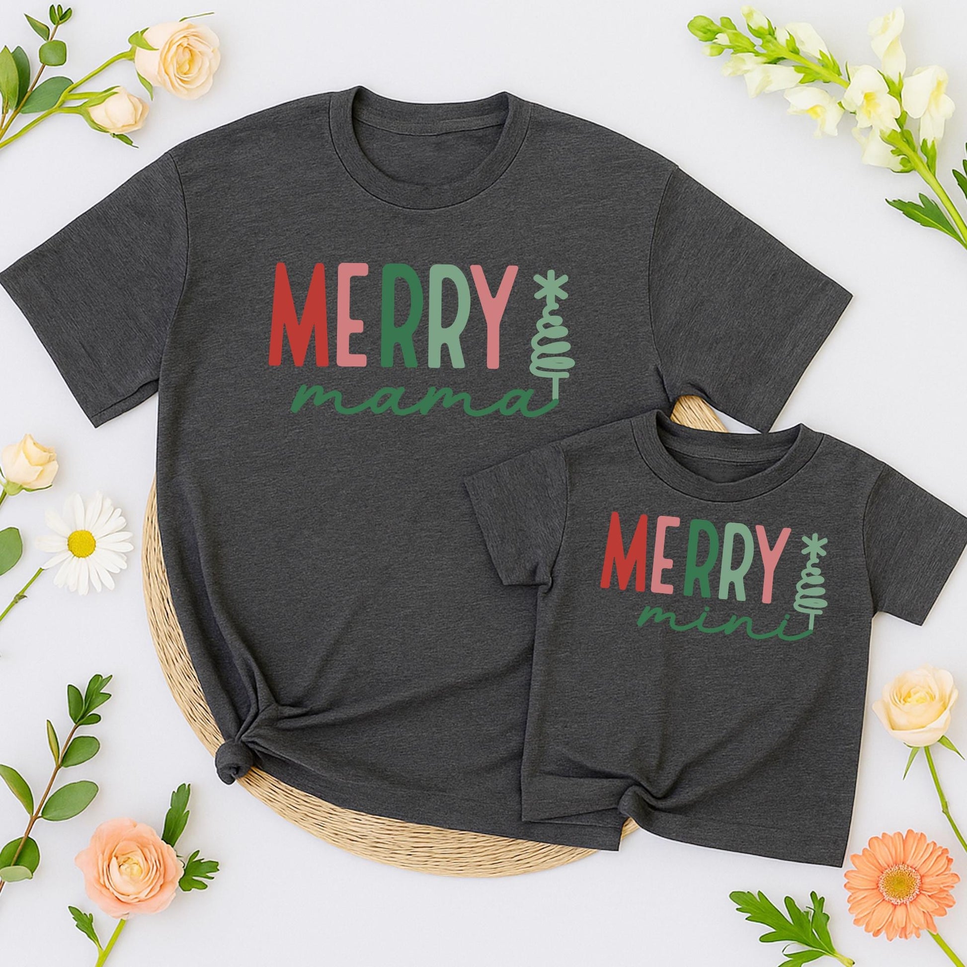 Merry Mama and Mini Matching Christmas T Shirts Festive Red Green Block Letters Cursive Mama Mini with Christmas Tree Graphic Family Holiday Outfits Mom Daughter Kid Baby Girl Gift