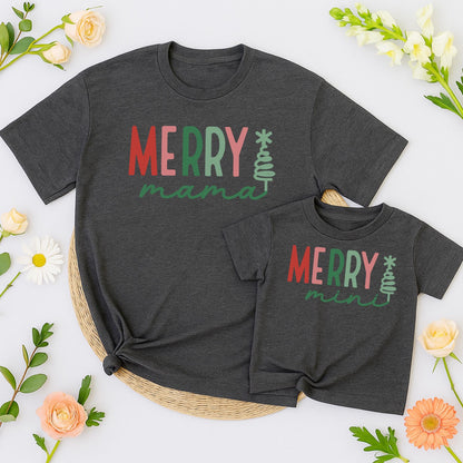 Merry Mama and Mini Matching Christmas T Shirts Festive Red Green Block Letters Cursive Mama Mini with Christmas Tree Graphic Family Holiday Outfits Mom Daughter Kid Baby Girl Gift
