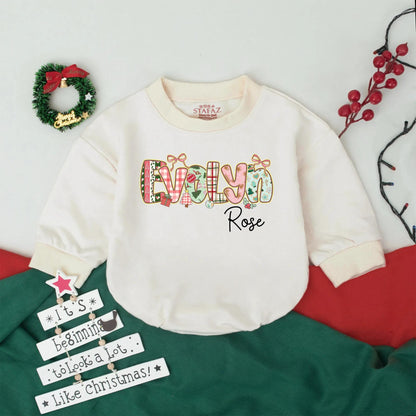Evelyn Rose Custom Retro Christmas Romper Baby Girl Outfit Personalized Holiday Infant Bodysuit, Vintage Christmas Gift
