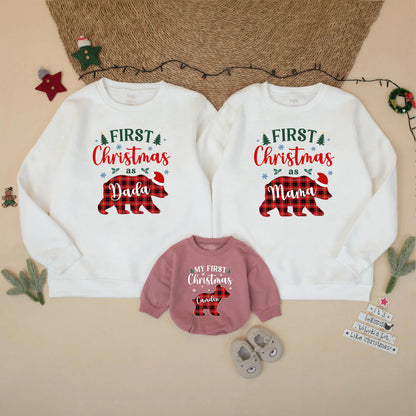 Custom First Christmas as Mama Dada Bear Sweatshirt Red Black Plaid Family Matching Xmas Outfit Baby Toddler Gift