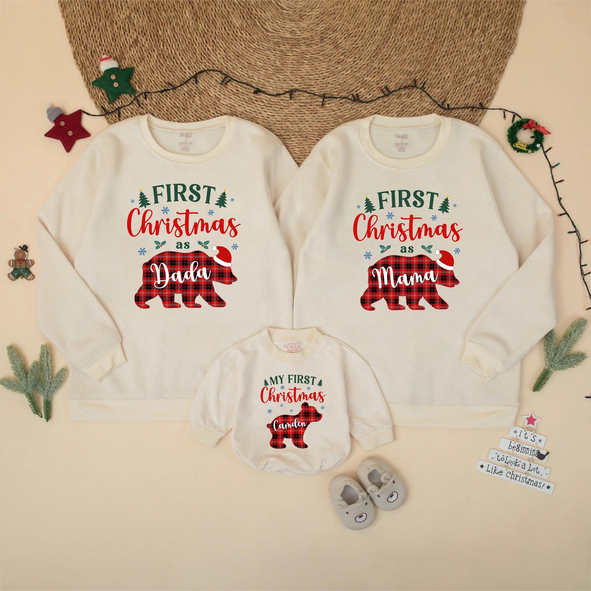 Custom First Christmas as Mama Dada Bear Sweatshirt Red Black Plaid Family Matching Xmas Outfit Baby Toddler Gift