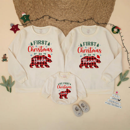 Custom First Christmas as Mama Dada Bear Sweatshirt Red Black Plaid Family Matching Xmas Outfit Baby Toddler Gift