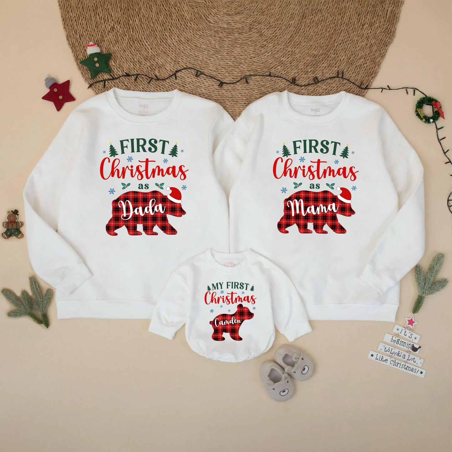 Custom First Christmas as Mama Dada Bear Sweatshirt Red Black Plaid Family Matching Xmas Outfit Baby Toddler Gift