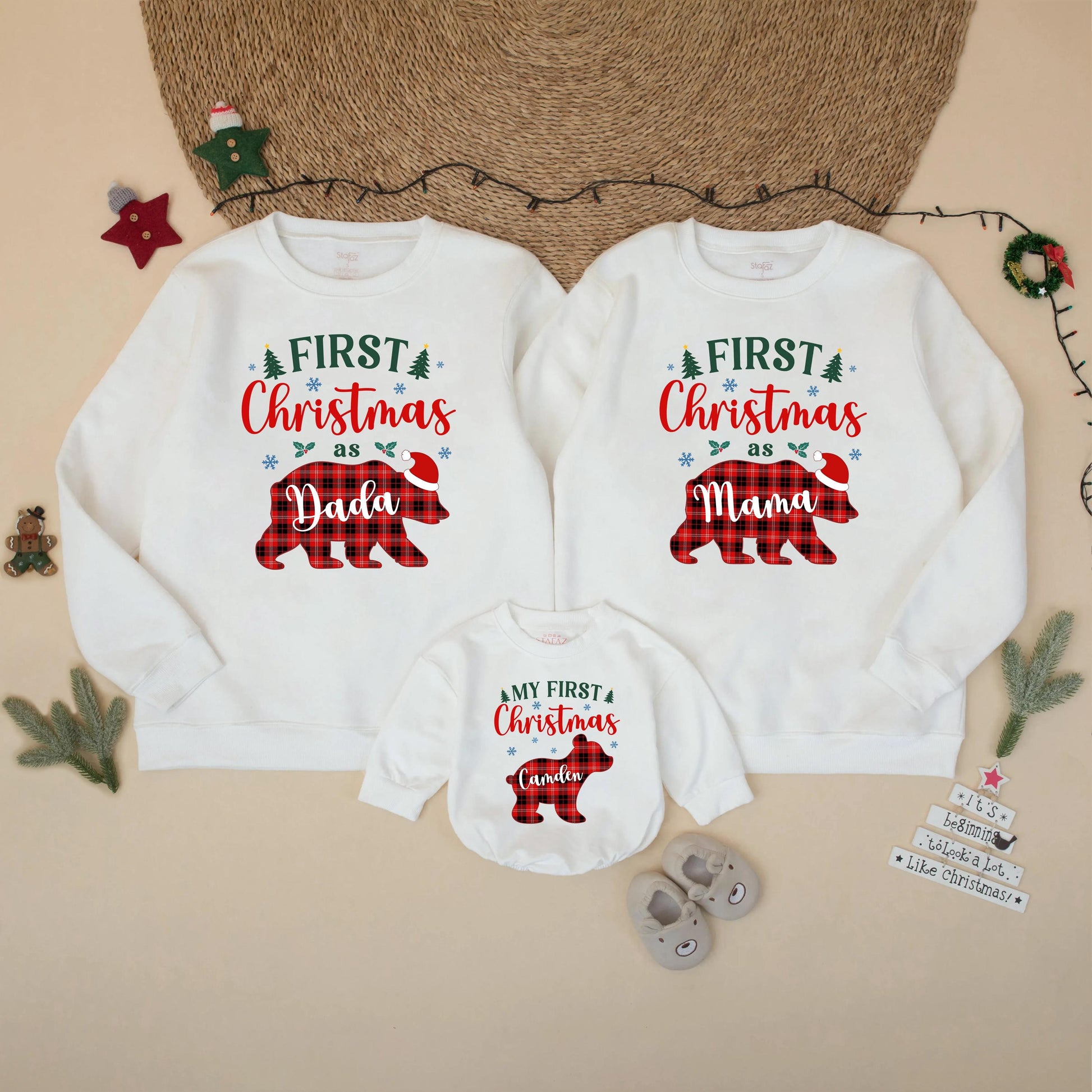 Custom First Christmas as Mama Dada Bear Sweatshirt Red Black Plaid Family Matching Xmas Outfit Baby Toddler Gift