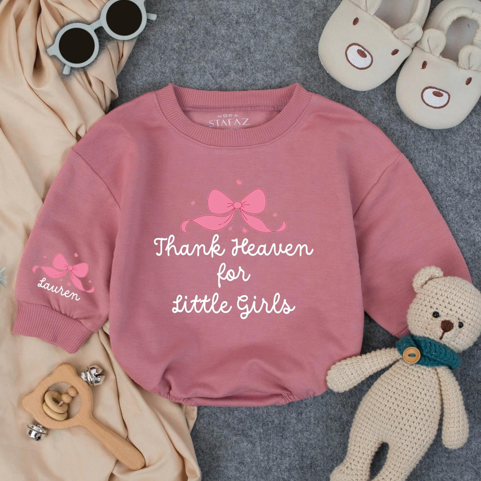 Thank Heaven for Little Girls Romper, Lauren's Bow Bodysuit, Sweet Christian Baby Outfit, Religious Gift, Pink Infant Romper, Custom Faith Wear 137