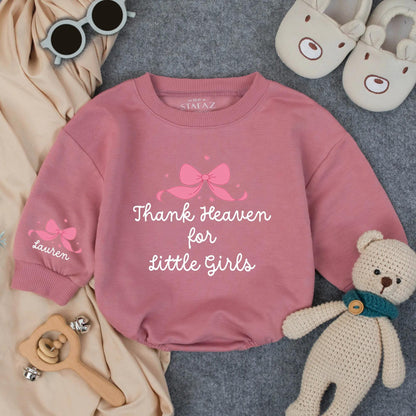 Thank Heaven for Little Girls Romper, Lauren's Bow Bodysuit, Sweet Christian Baby Outfit, Religious Gift, Pink Infant Romper, Custom Faith Wear 137