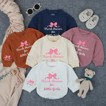 Thank Heaven for Little Girls Romper, Lauren's Bow Bodysuit, Sweet Christian Baby Outfit, Religious Gift, Pink Infant Romper, Custom Faith Wear 137