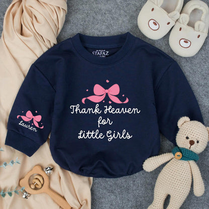 Thank Heaven for Little Girls Romper, Lauren's Bow Bodysuit, Sweet Christian Baby Outfit, Religious Gift, Pink Infant Romper, Custom Faith Wear 137