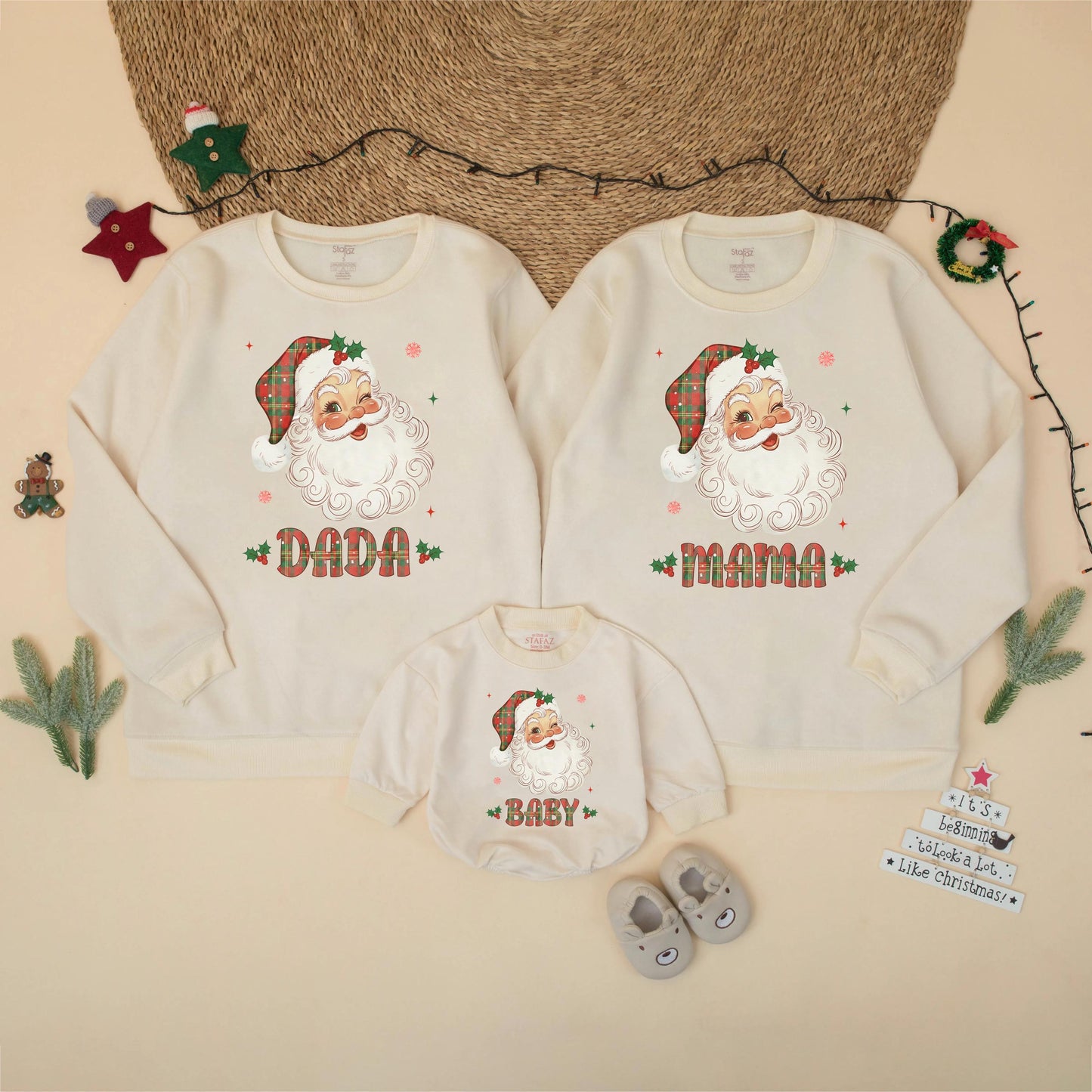 Retro Santa Christmas Family Matching Sweatshirt Holiday Outfit Mom Dad Baby Soft Comfortable Vintage Style Apparel Gift for Parents