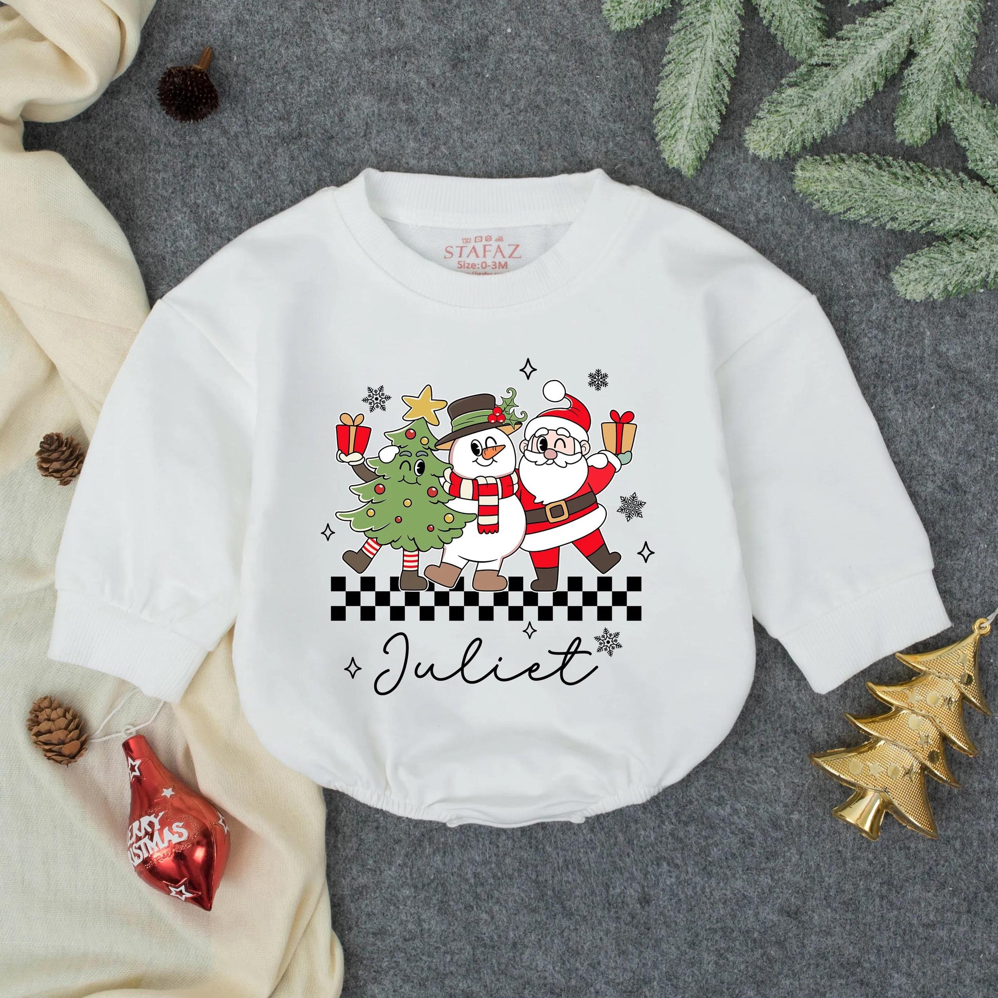 Personalized Juliet Christmas Tree Snowman Santa Romper Cute Holiday Baby Outfit, Xmas Boy Clothes Newborn Gift, Black & White Checkered Accent 139