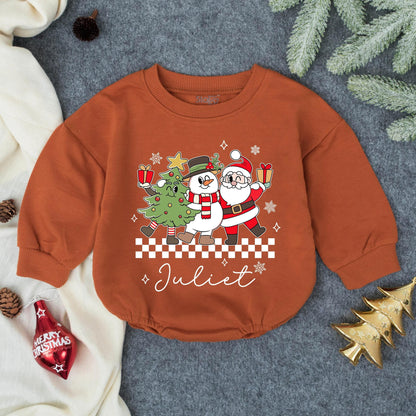 Personalized Juliet Christmas Tree Snowman Santa Romper Cute Holiday Baby Outfit, Xmas Boy Clothes Newborn Gift, Black & White Checkered Accent 139