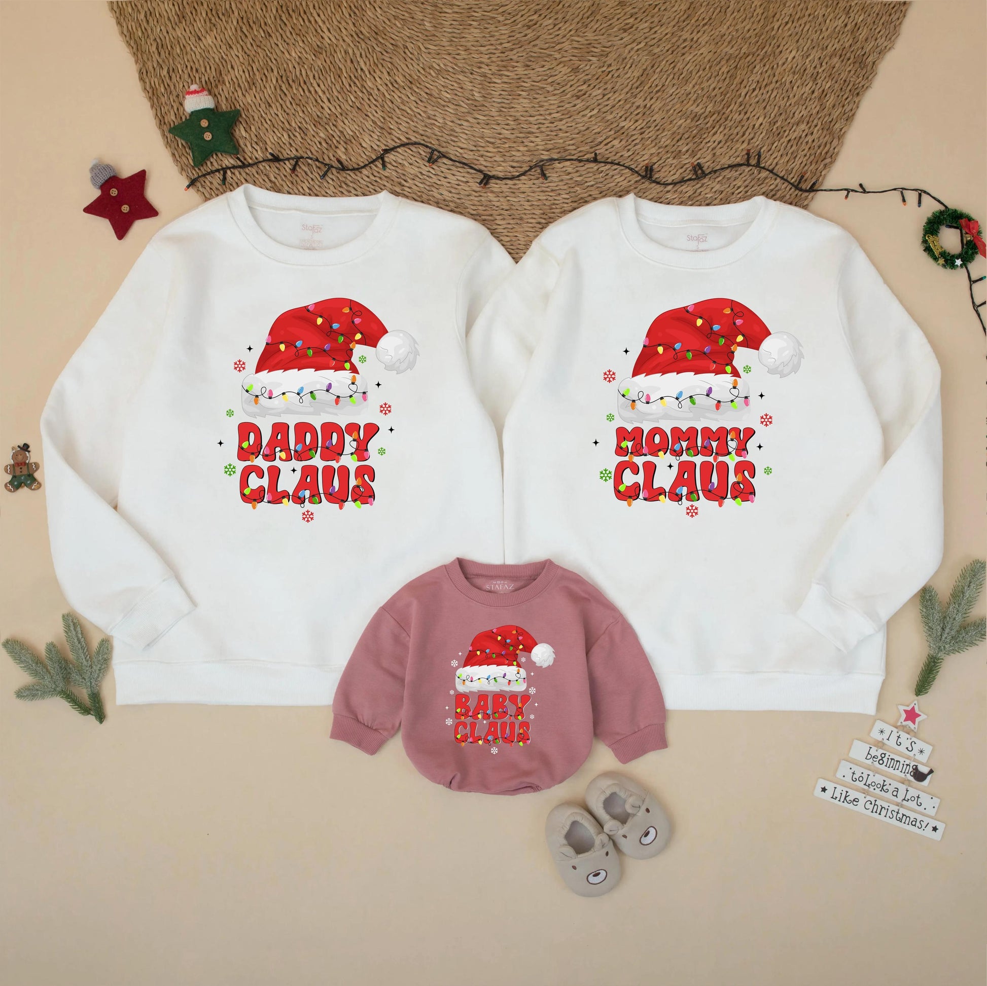 Matching Family Christmas Sweatshirts: Daddy, Mommy & Baby Claus Retro Santa Hats with String Lights Holiday Outfits, Cute Xmas Party Sweaters 135
