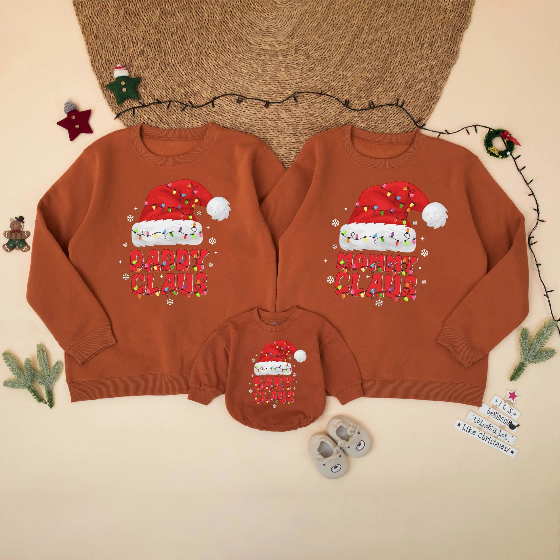 Matching Family Christmas Sweatshirts: Daddy, Mommy & Baby Claus Retro Santa Hats with String Lights Holiday Outfits, Cute Xmas Party Sweaters 135