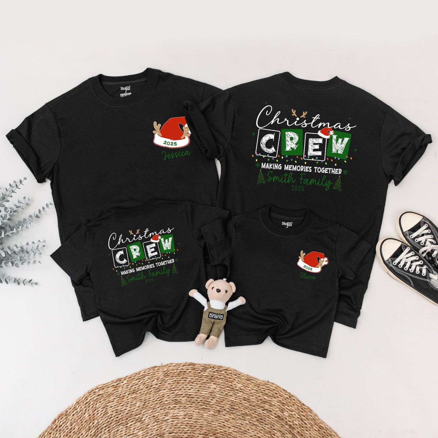 Matching Family Christmas Crew Shirt, Personalized with Names & 2025, Festive Holiday Lights & Santa Reindeer Design, Comfy Xmas Gift Tee for Mommy and Me