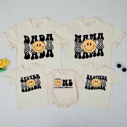Matching Happy Dude 1st Birthday Shirts for Family with Retro Smiley Face Design, Mommy and Me Outfits
