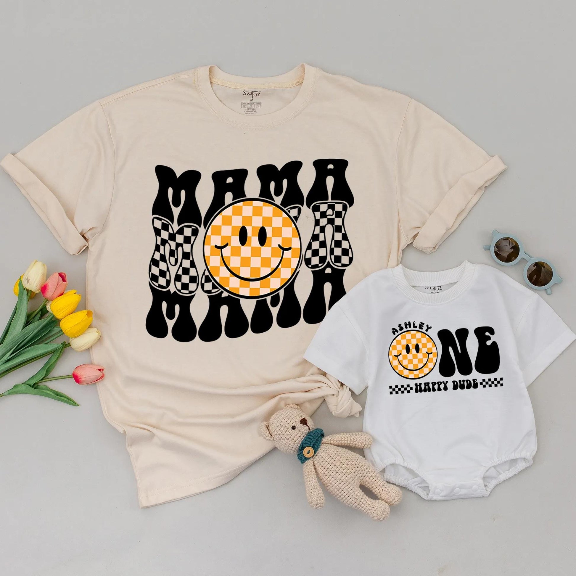 Matching Happy Dude 1st Birthday Shirts for Family with Retro Smiley Face Design, Mommy and Me Outfits