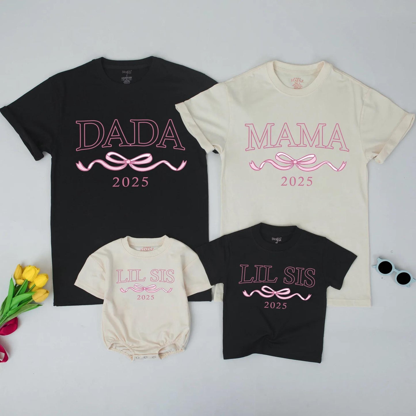 Matching Big Sis Lil Sis 2025 Shirts, Mommy and Me Outfits, Ribbon Graphic Family Birthday, Modern Sister Matching Sets, Soft Cotton Blends, Casual Wear