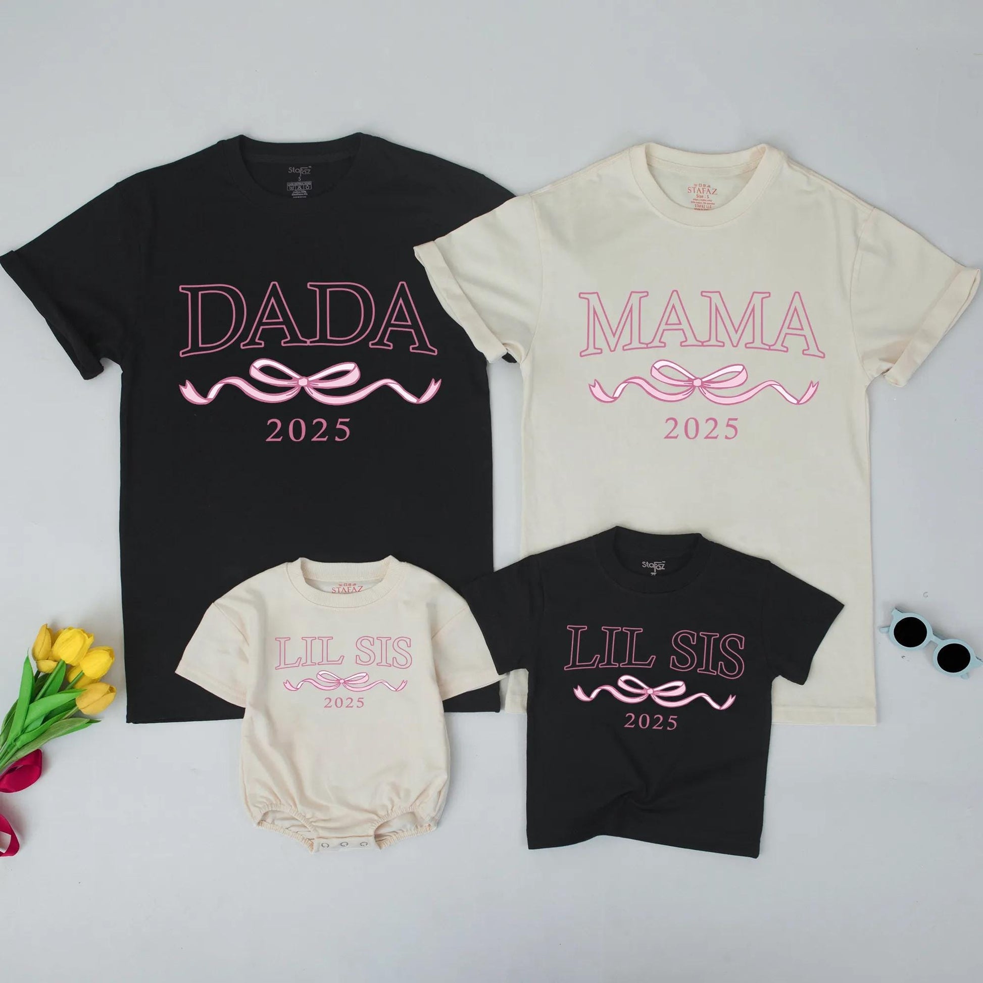 Matching Big Sis Lil Sis 2025 Shirts, Mommy and Me Outfits, Ribbon Graphic Family Birthday, Modern Sister Matching Sets, Soft Cotton Blends, Casual Wear