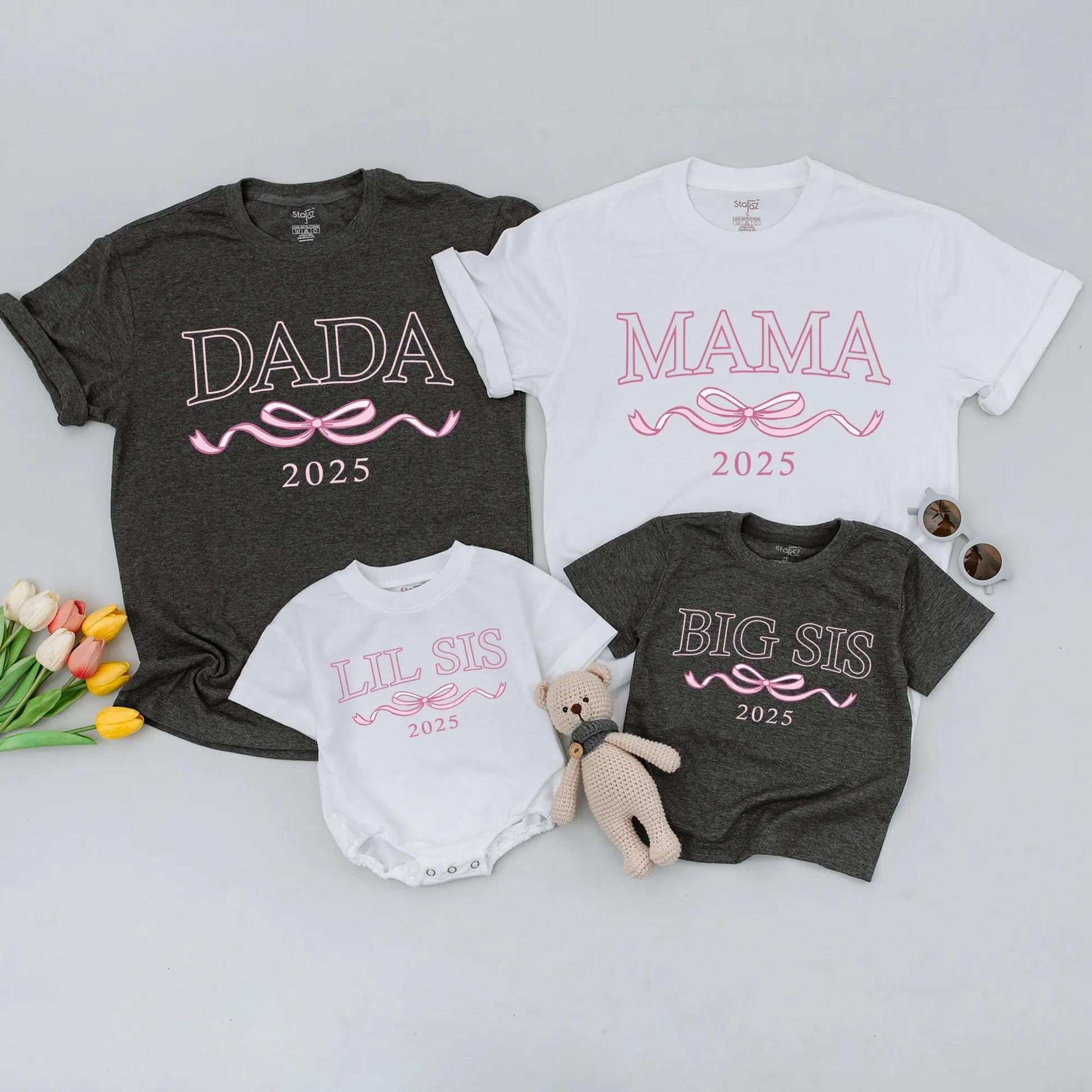 Matching Big Sis Lil Sis 2025 Shirts, Mommy and Me Outfits, Ribbon Graphic Family Birthday, Modern Sister Matching Sets, Soft Cotton Blends, Casual Wear