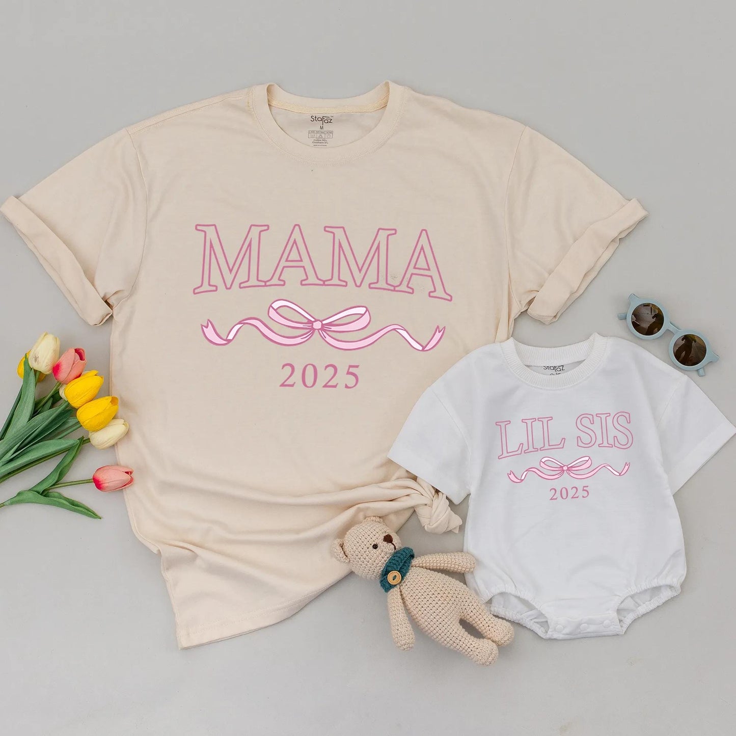 Matching Big Sis Lil Sis 2025 Shirts, Mommy and Me Outfits, Ribbon Graphic Family Birthday, Modern Sister Matching Sets, Soft Cotton Blends, Casual Wear