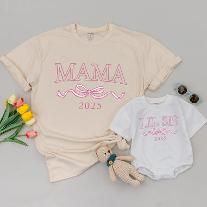 Matching Big Sis Lil Sis 2025 Shirts, Mommy and Me Outfits, Ribbon Graphic Family Birthday, Modern Sister Matching Sets, Soft Cotton Blends, Casual Wear