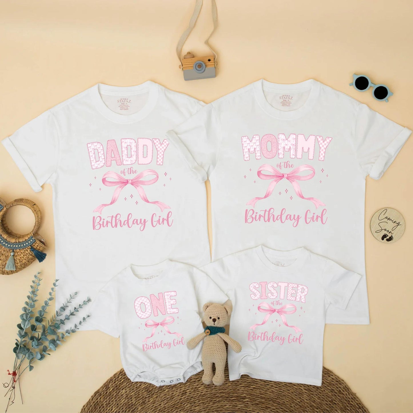 Custom Pink Bow First Birthday Girl Family Matching Shirt for One Year Old Celebration, Mom of the Birthday Girl Cake Smash Outfit Gift