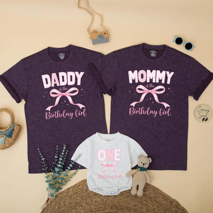 Custom Pink Bow First Birthday Girl Family Matching Shirt for One Year Old Celebration, Mom of the Birthday Girl Cake Smash Outfit Gift