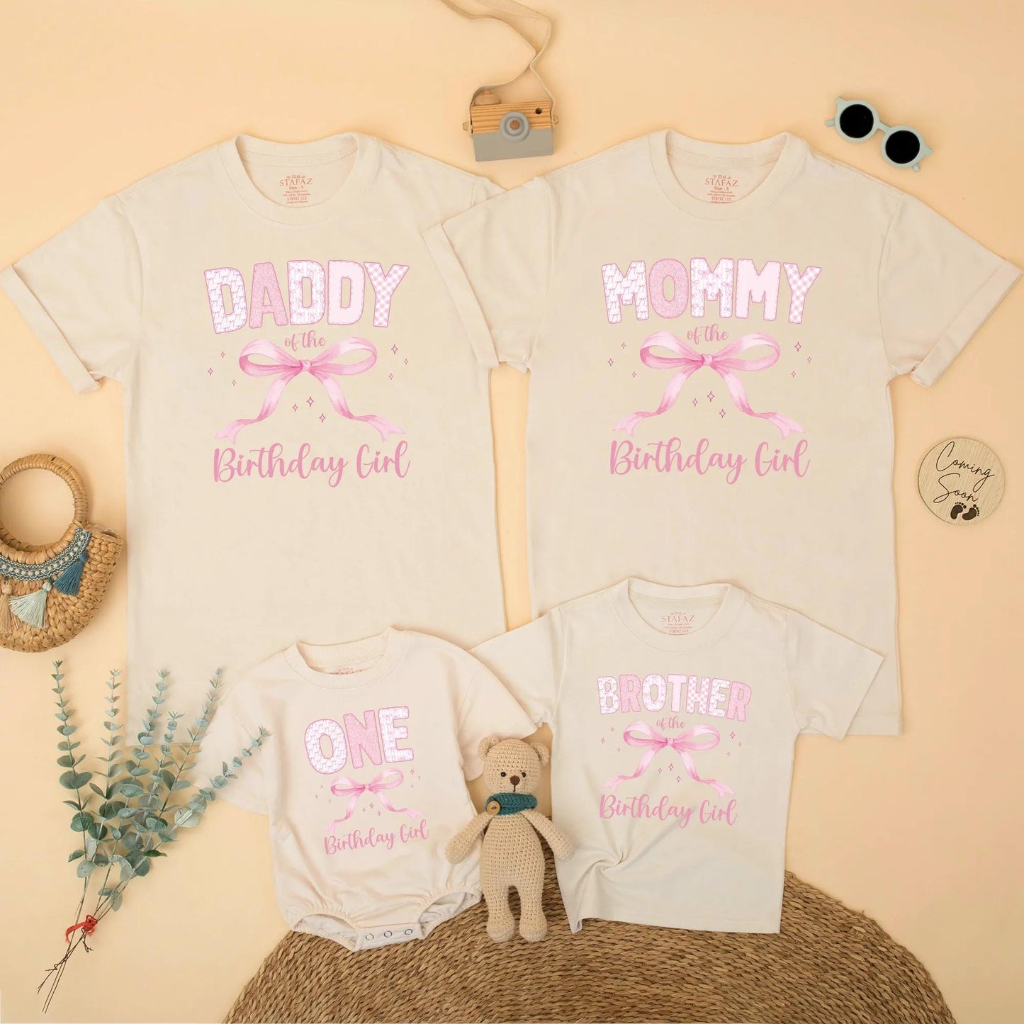 Custom Pink Bow First Birthday Girl Family Matching Shirt for One Year Old Celebration, Mom of the Birthday Girl Cake Smash Outfit Gift