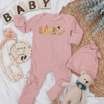 Personalized Emmett Autumn Baby Bodysuit with Whimsical Fall Pumpkins Sunflowers Leaves Scarecrow Thanksgiving Newborn Gift