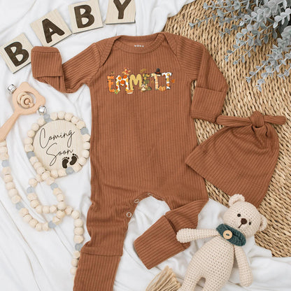 Personalized Emmett Autumn Baby Bodysuit with Whimsical Fall Pumpkins Sunflowers Leaves Scarecrow Thanksgiving Newborn Gift