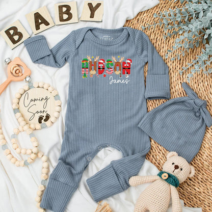 Hudson Christmas Baby Bodysuit - Personalized Baby Boy Outfit with Reindeer Antlers & Stars, Custom Name Christmas Gift