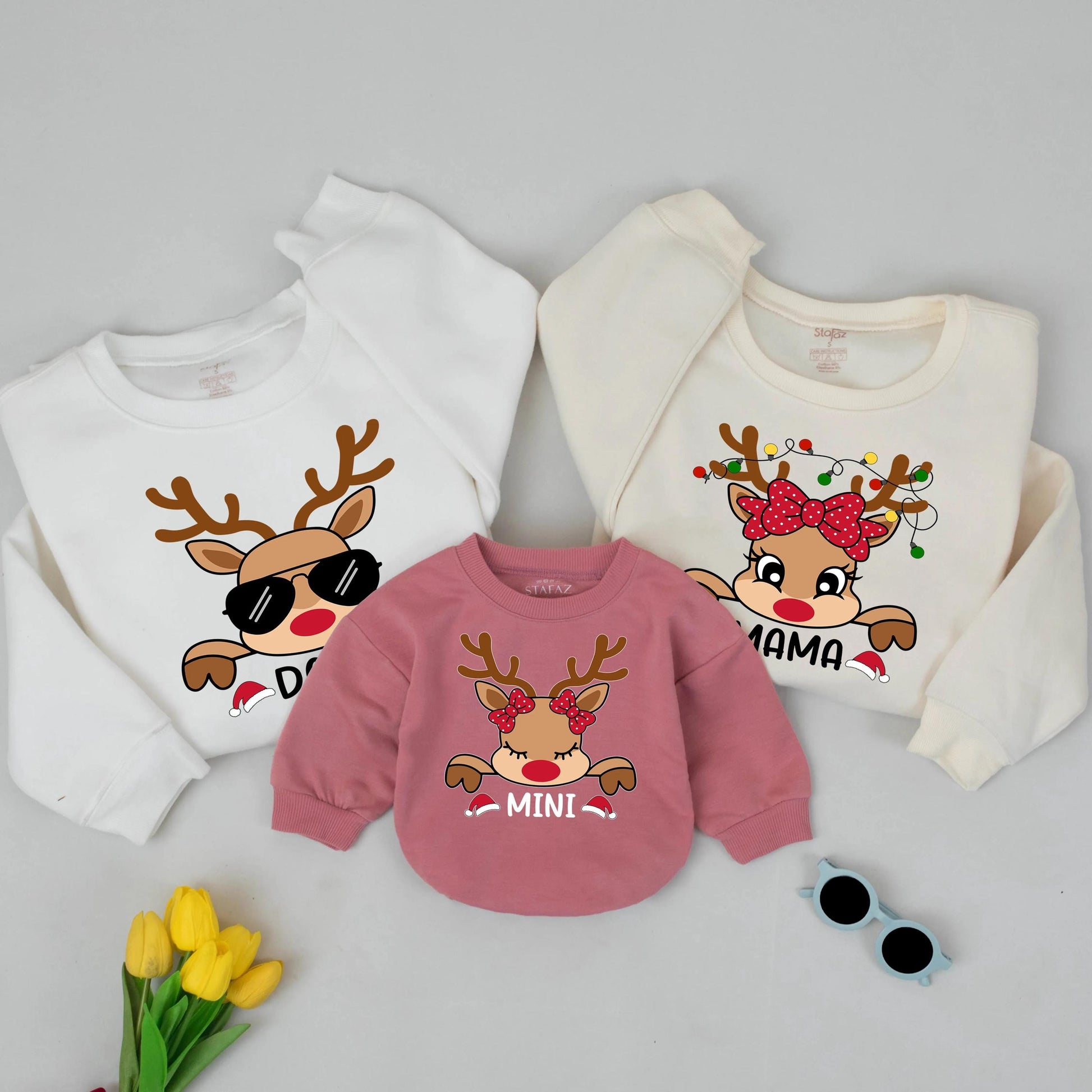 Custom Matching Family Reindeer Christmas Sweatshirts with Playful Dad Mom Mini Graphics, Festive Holiday Fun Outfit Gift