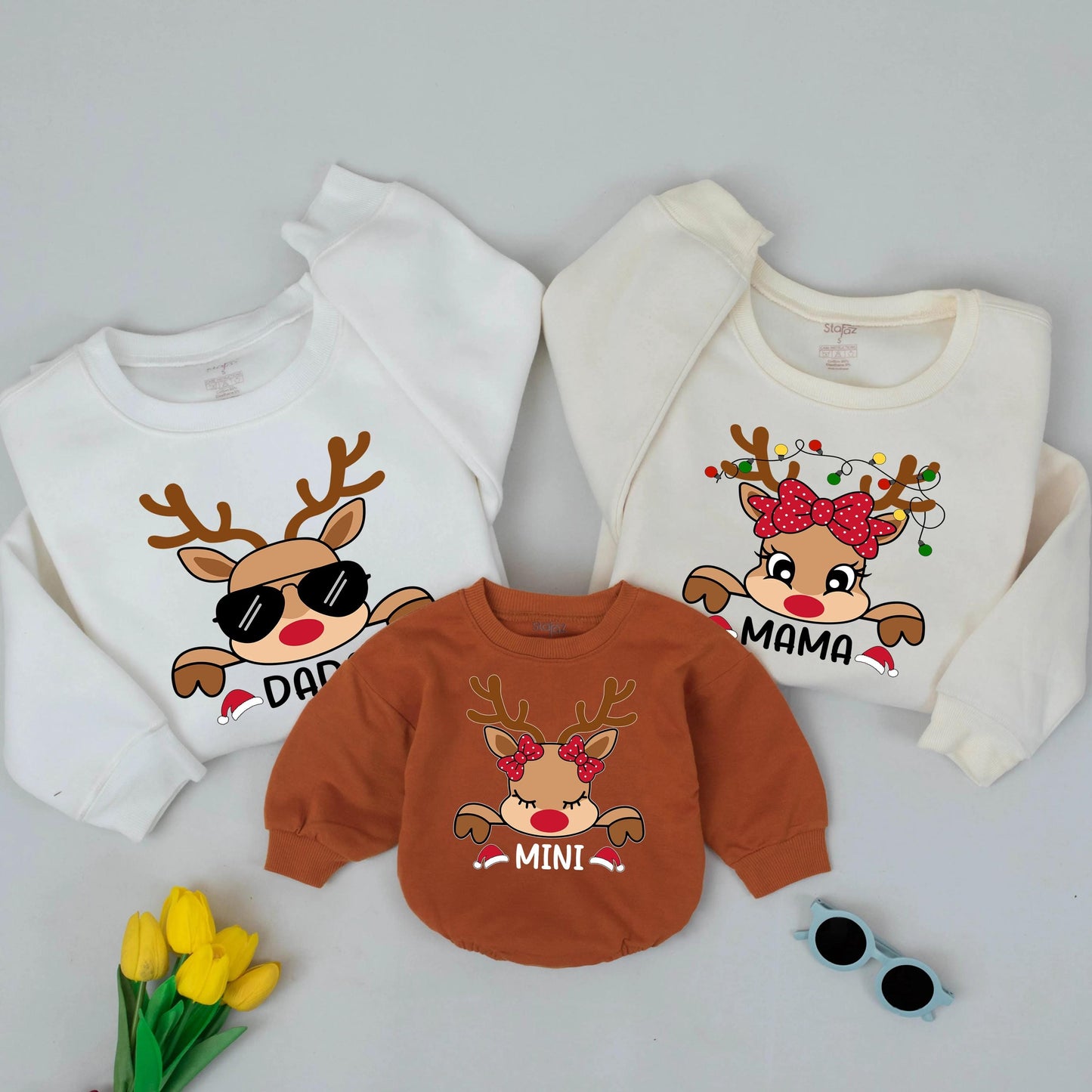 Custom Matching Family Reindeer Christmas Sweatshirts with Playful Dad Mom Mini Graphics, Festive Holiday Fun Outfit Gift