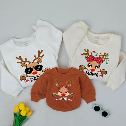 Custom Matching Family Reindeer Christmas Sweatshirts with Playful Dad Mom Mini Graphics, Festive Holiday Fun Outfit Gift