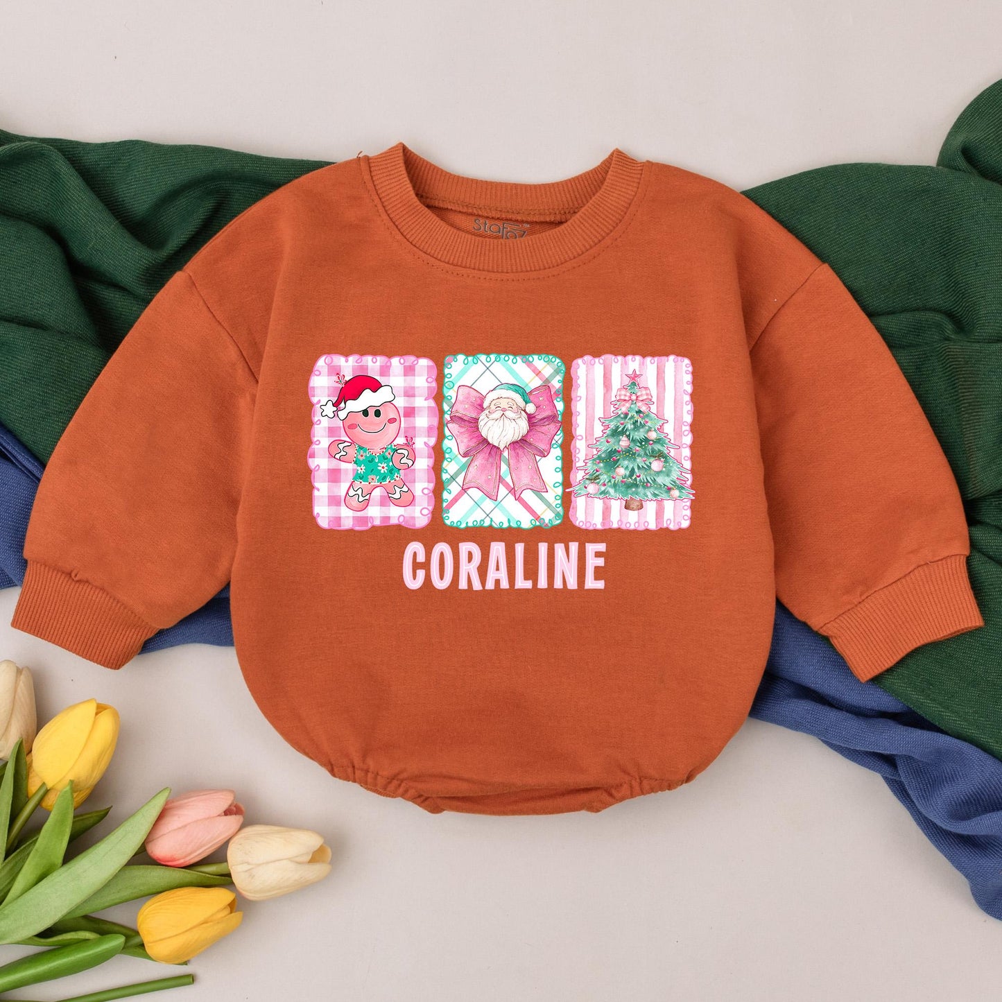 Personalized Retro Pink Christmas Baby Romper Custom Name with Whimsical Gingerbread Santa Tree Design First Christmas Outfit Baby Shower Gift