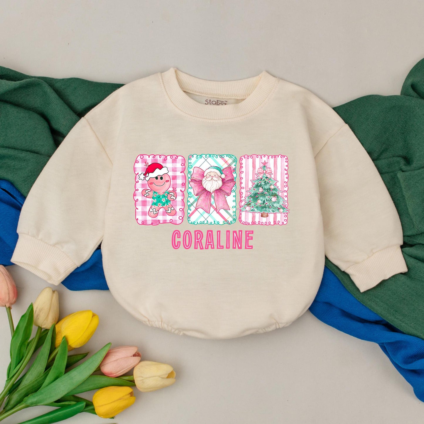 Personalized Retro Pink Christmas Baby Romper Custom Name with Whimsical Gingerbread Santa Tree Design First Christmas Outfit Baby Shower Gift