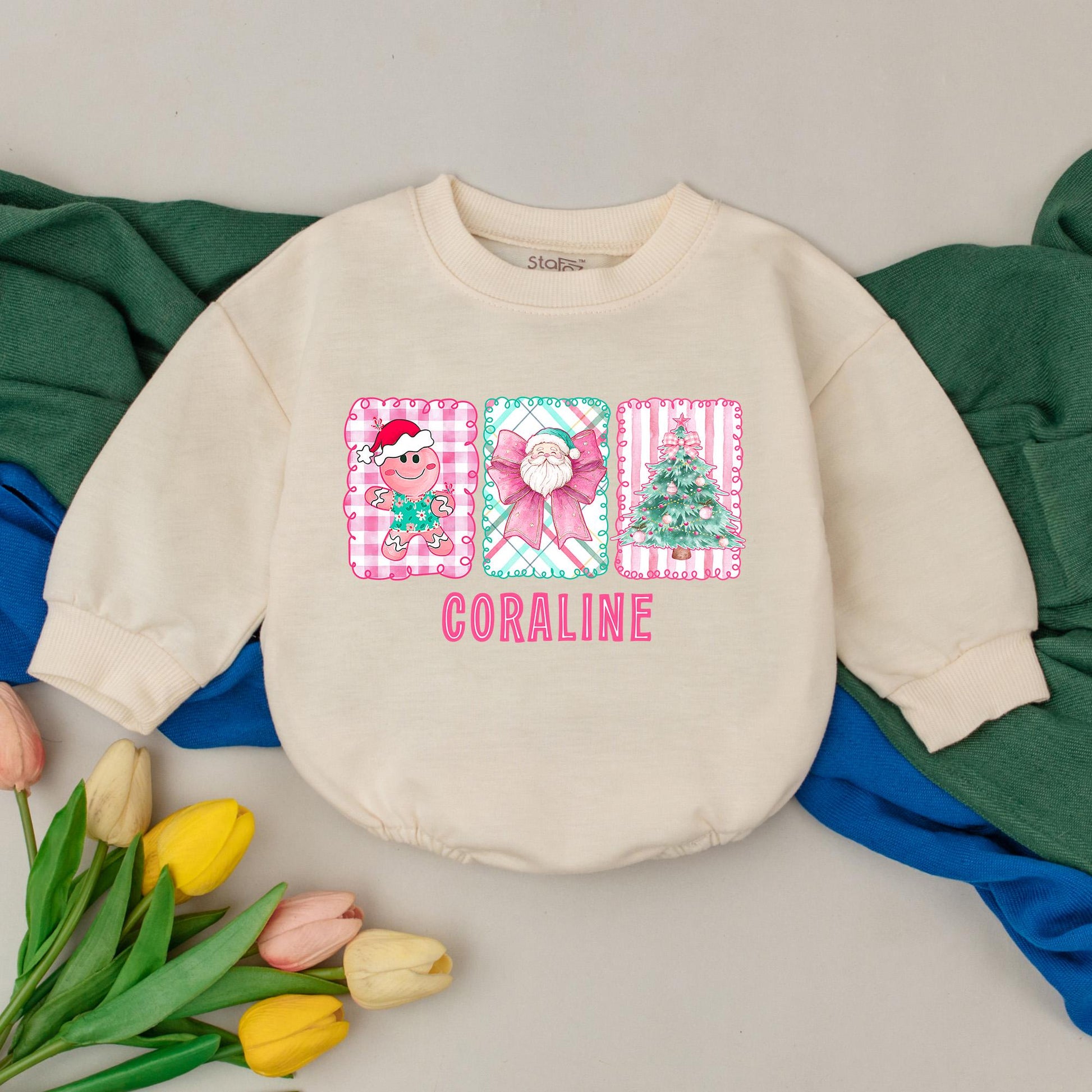 Personalized Retro Pink Christmas Baby Romper Custom Name with Whimsical Gingerbread Santa Tree Design First Christmas Outfit Baby Shower Gift