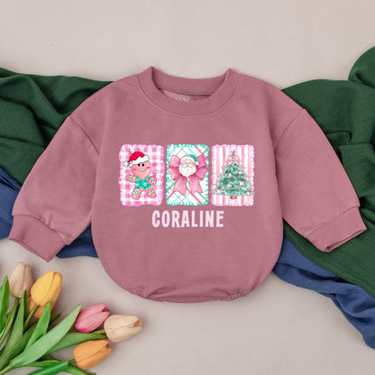 Personalized Retro Pink Christmas Baby Romper Custom Name with Whimsical Gingerbread Santa Tree Design First Christmas Outfit Baby Shower Gift