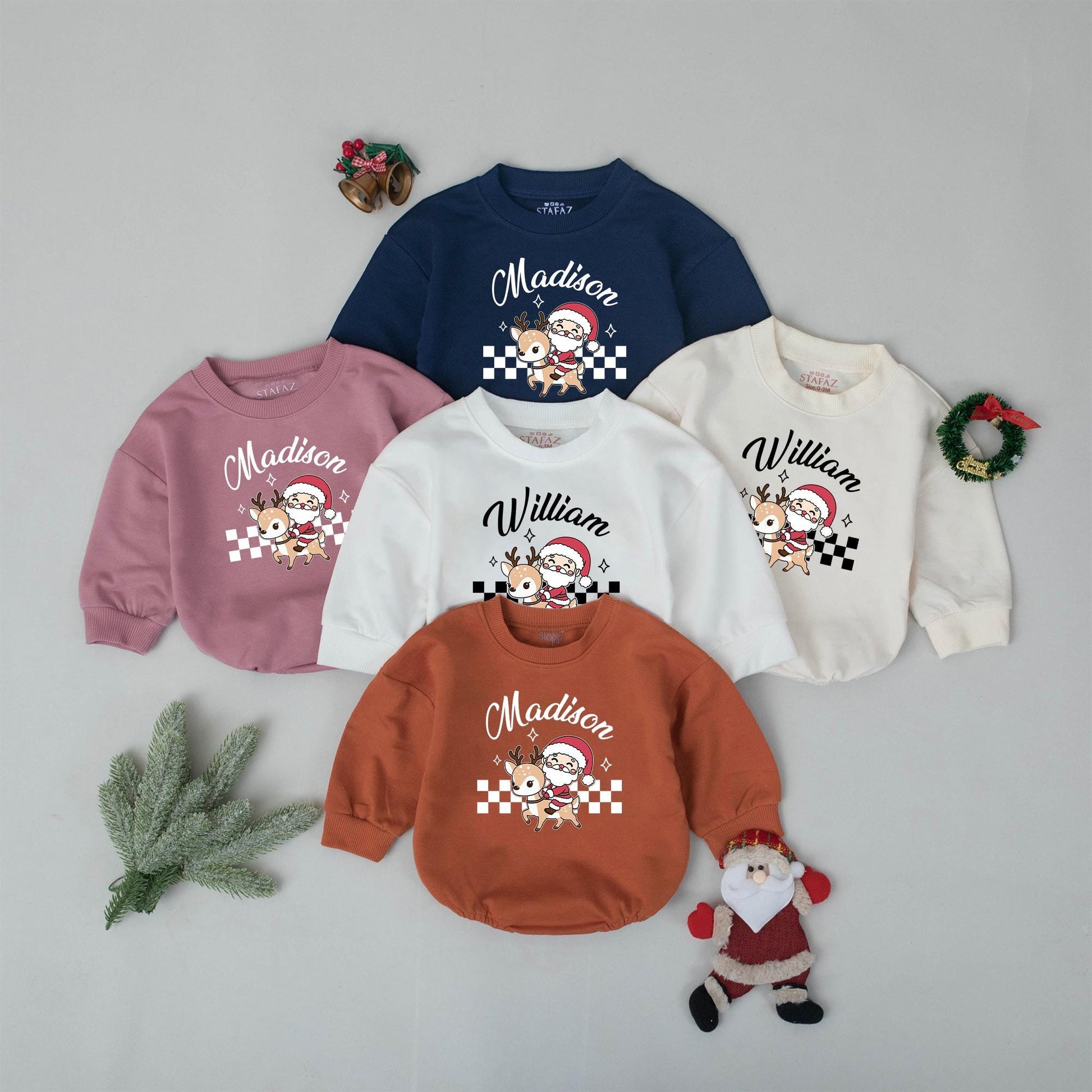 Personalized William's First Christmas Romper, Vintage Santa Reindeer Bodysuit, Xmas Baby Outfit, Winter Clothes, Cute Holiday Gift, Boy or Girl 136 chars
