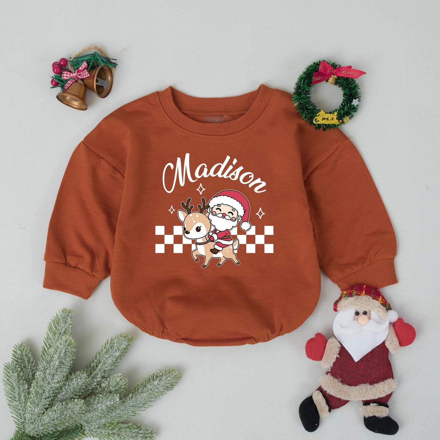 Personalized William's First Christmas Romper, Vintage Santa Reindeer Bodysuit, Xmas Baby Outfit, Winter Clothes, Cute Holiday Gift, Boy or Girl 136 chars
