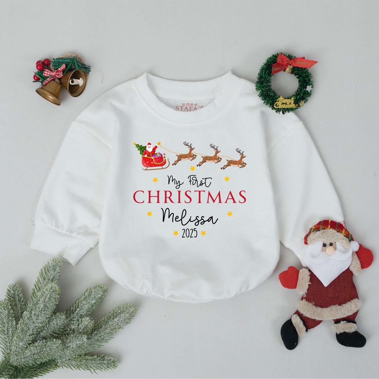 Baby's First Christmas 2025 Romper Custom Retro Santa Sleigh Design Personalized Name Toddler Bodysuit Holiday Gift